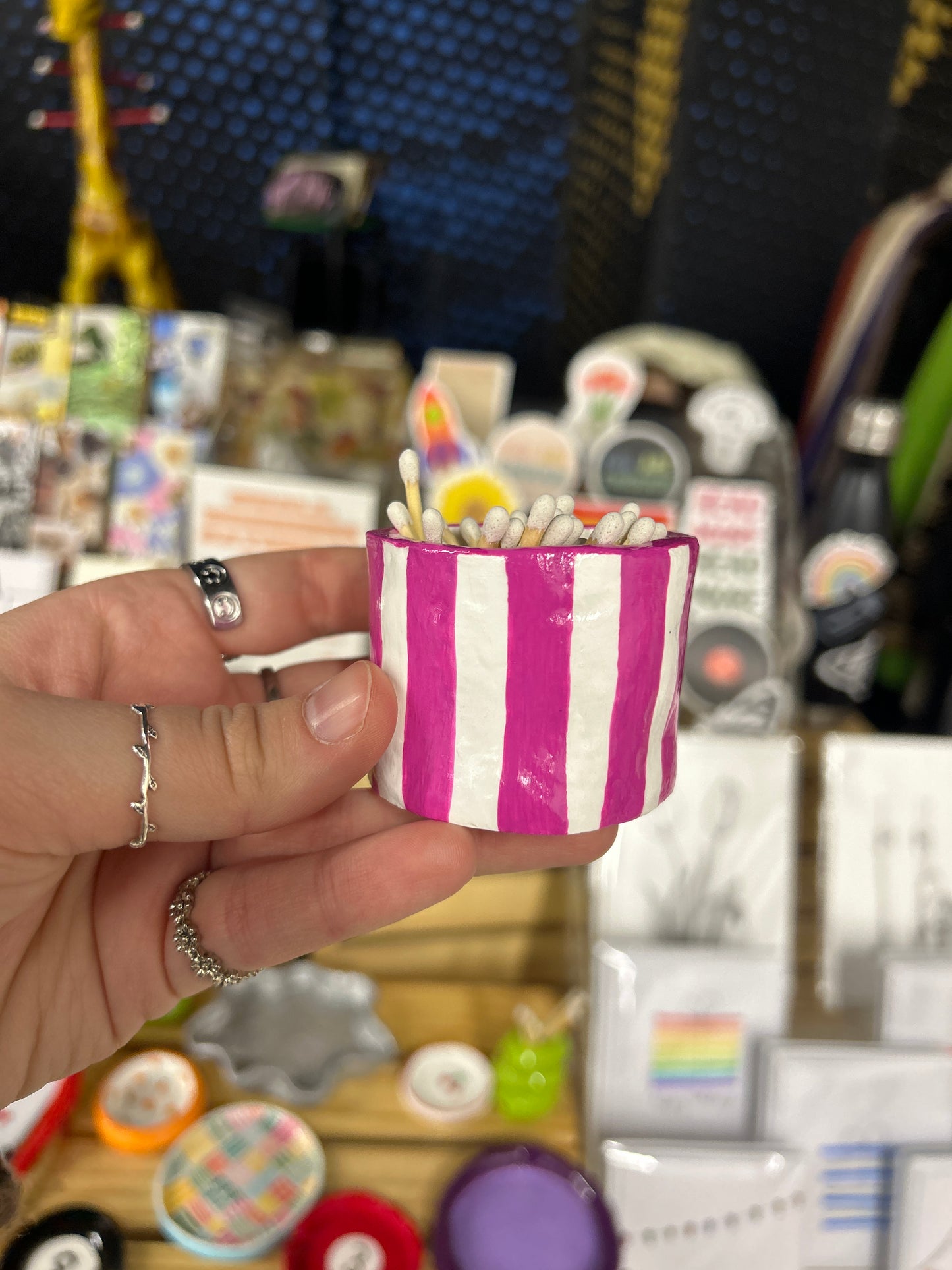 Pink Stripe Match/Toothpick Holder